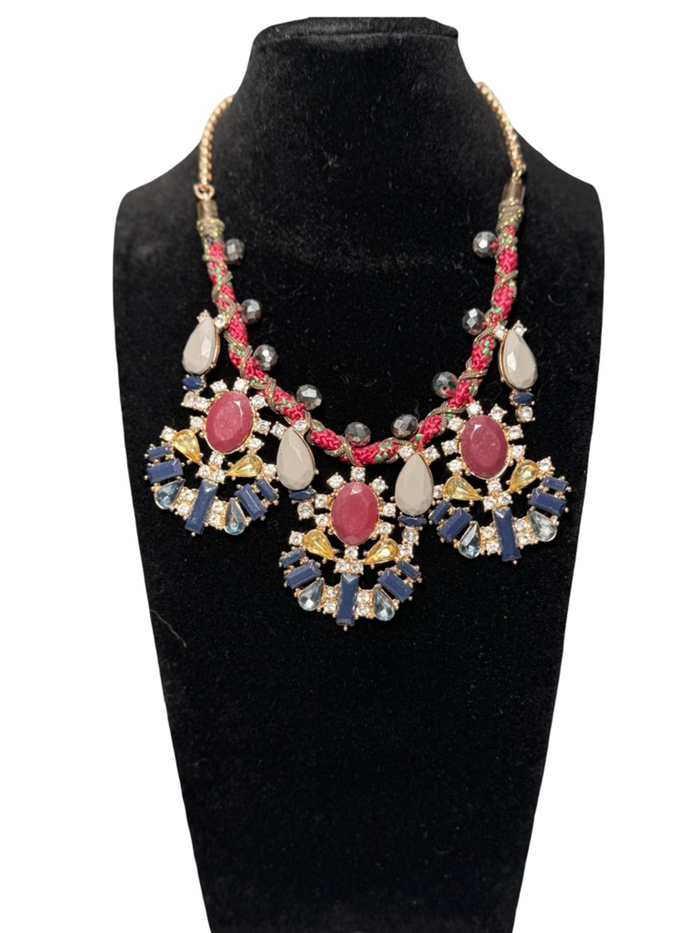 Statement Multicolor Gem Bib Necklace - Pink, Blue & Gold